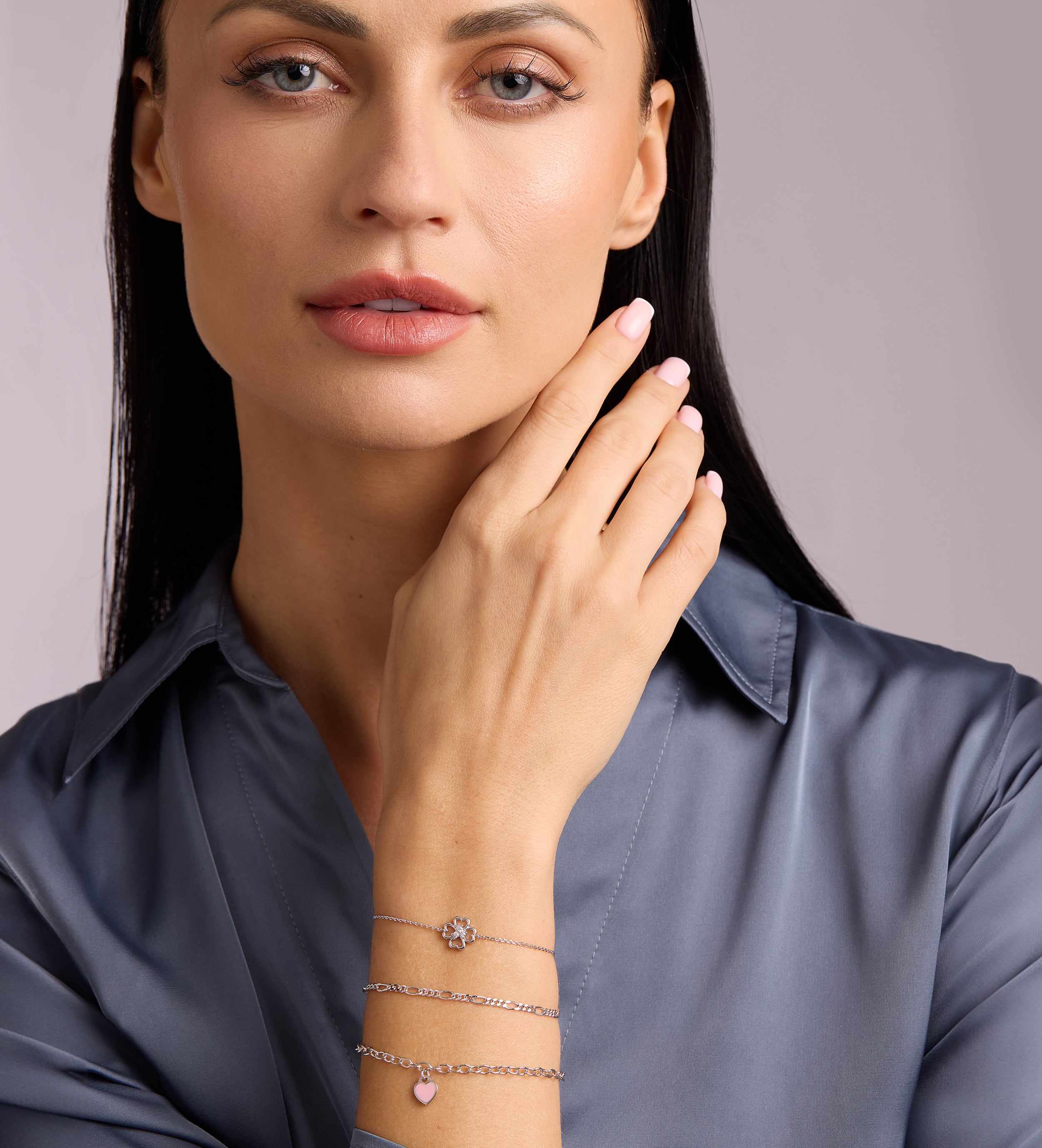 Pink Heart Chain Bracelet in Silver