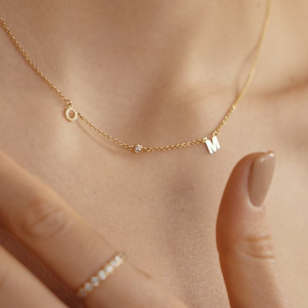 Initial Necklace With 0.03ct Round Diamond - 18K Rose Gold Vermeil