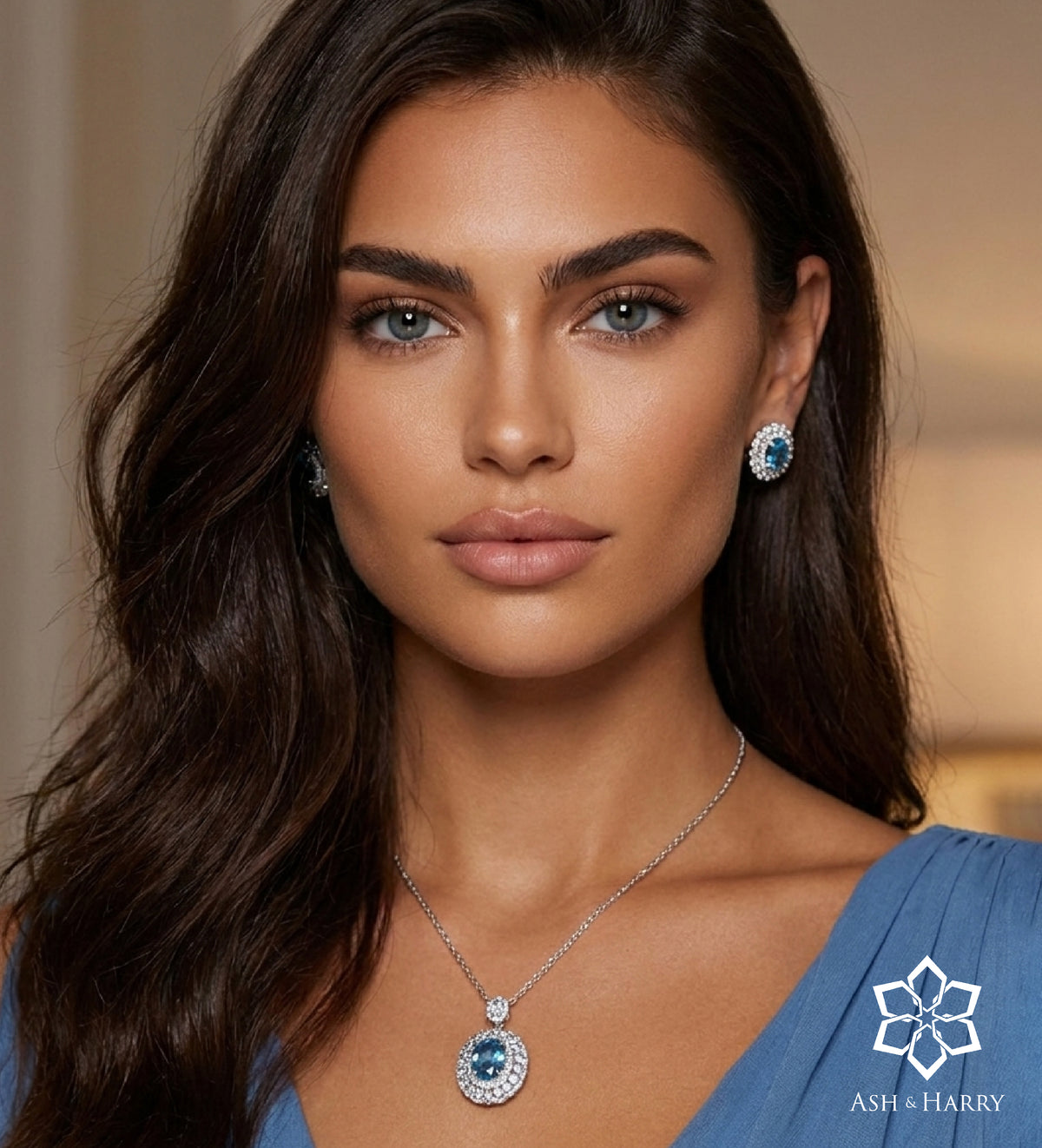 Aquamarine Halo Pendant in 925 Silver High Quality Simulated Diamonds and Crafted Pear - Cut Aquamarine Stone - Ash & Harry