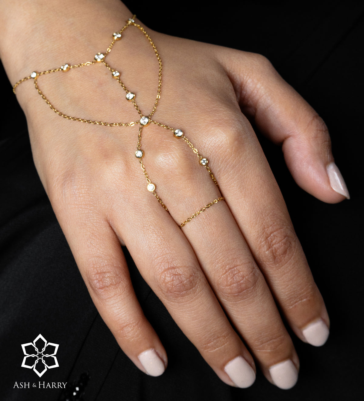 Boho Lines Hand Chain in Gold With High Quality Simulated Diamonds - Ash & Harry