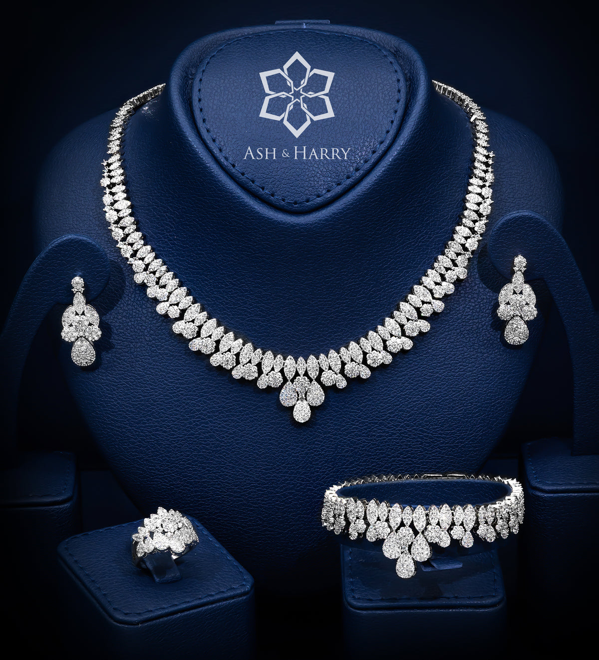 Celeste Drop Bridal Set in High Quality Simulated Diamonds Rhodium Plated - Ash & Harry