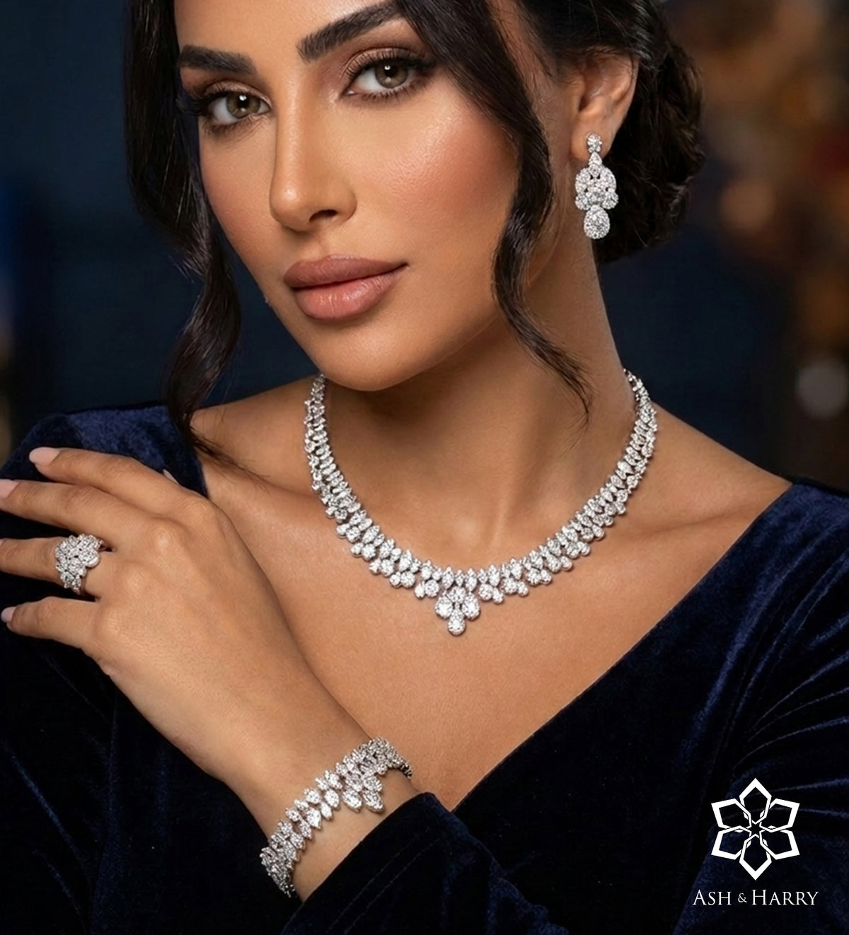Celeste Drop Bridal Set in High Quality Simulated Diamonds Rhodium Plated - Ash & Harry