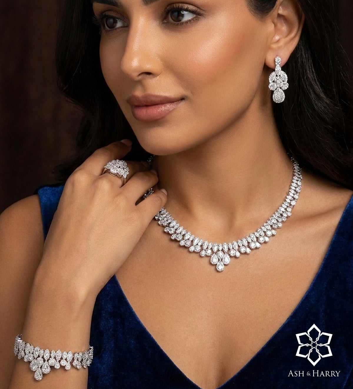 Celeste Drop Bridal Set in High Quality Simulated Diamonds Rhodium Plated - Ash & Harry