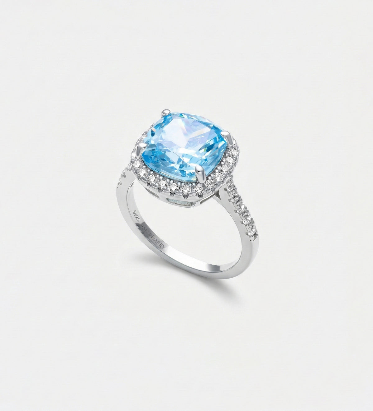 Celestial Blue Cushion Ring in 925 Silver High Quality Simulated Diamonds and Aquamarine Stone - Ash & Harry