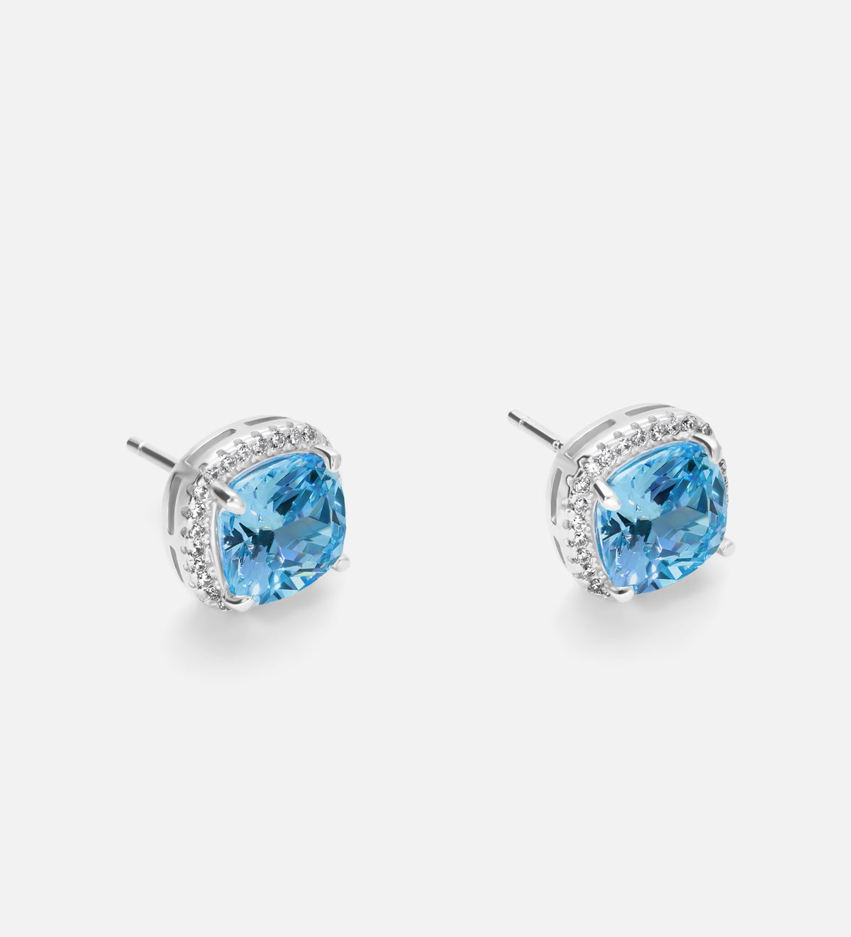 Celestial Blue Cushion Studs in 925 Silver High Quality Simulated Diamonds and Aquamarine Stone - Ash & Harry