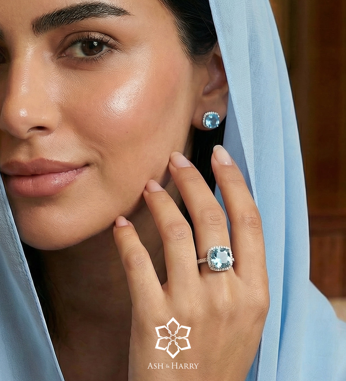 Celestial Blue Cushion Ring in 925 Silver High Quality Simulated Diamonds and Aquamarine Stone - Ash & Harry