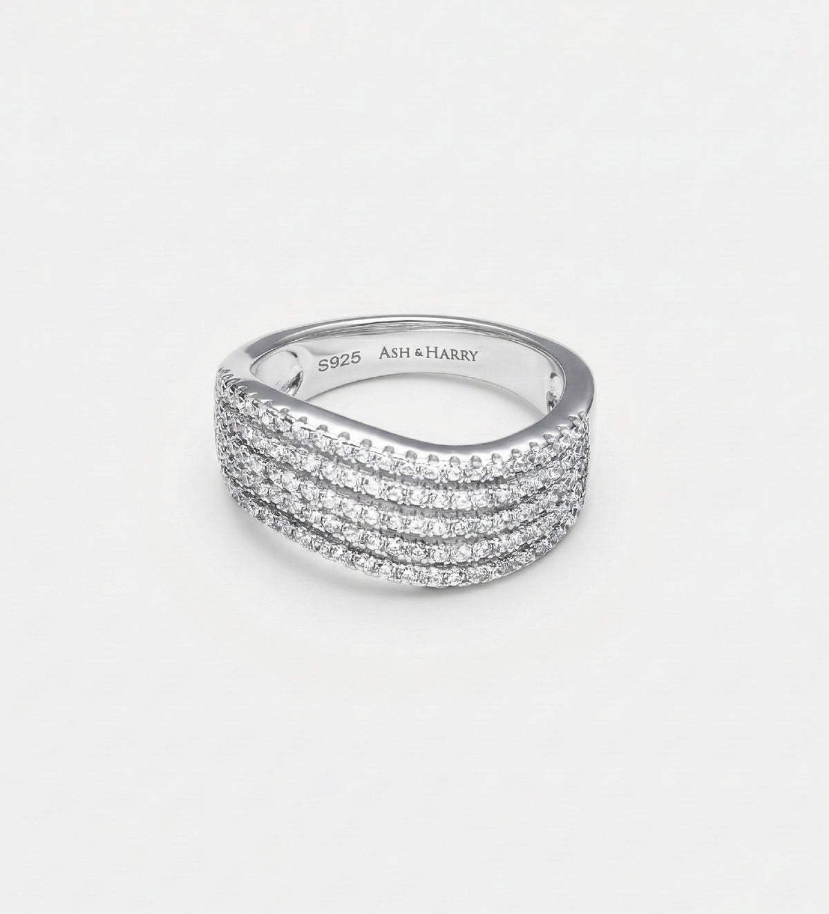 Crescent Wave Ring in 925 Silver with High - Quality White Simulated Diamonds - Ash & Harry