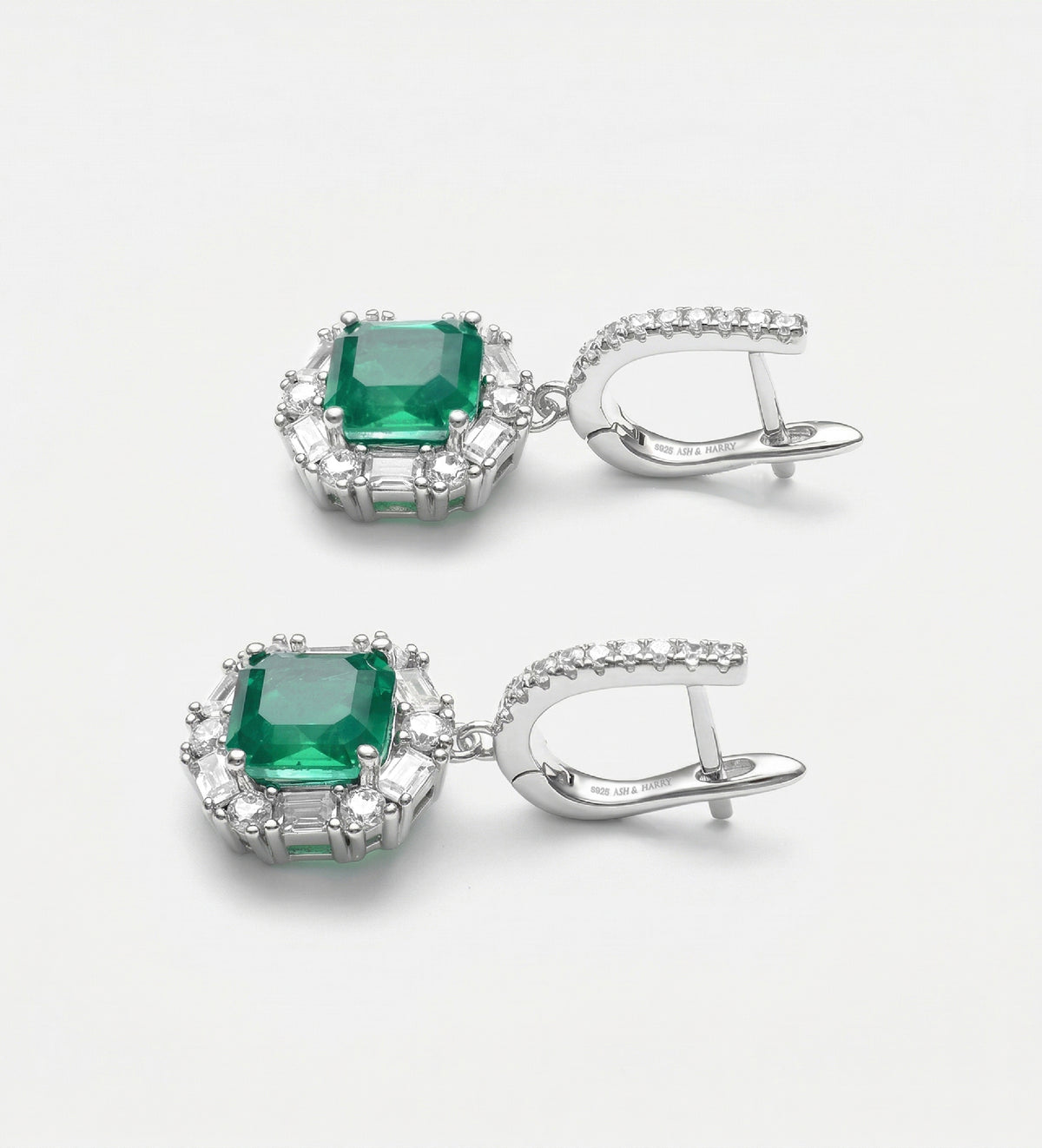 Emerald Halo Drop Earrings in Rhodium Plating on 925 Silver - Ash & Harry
