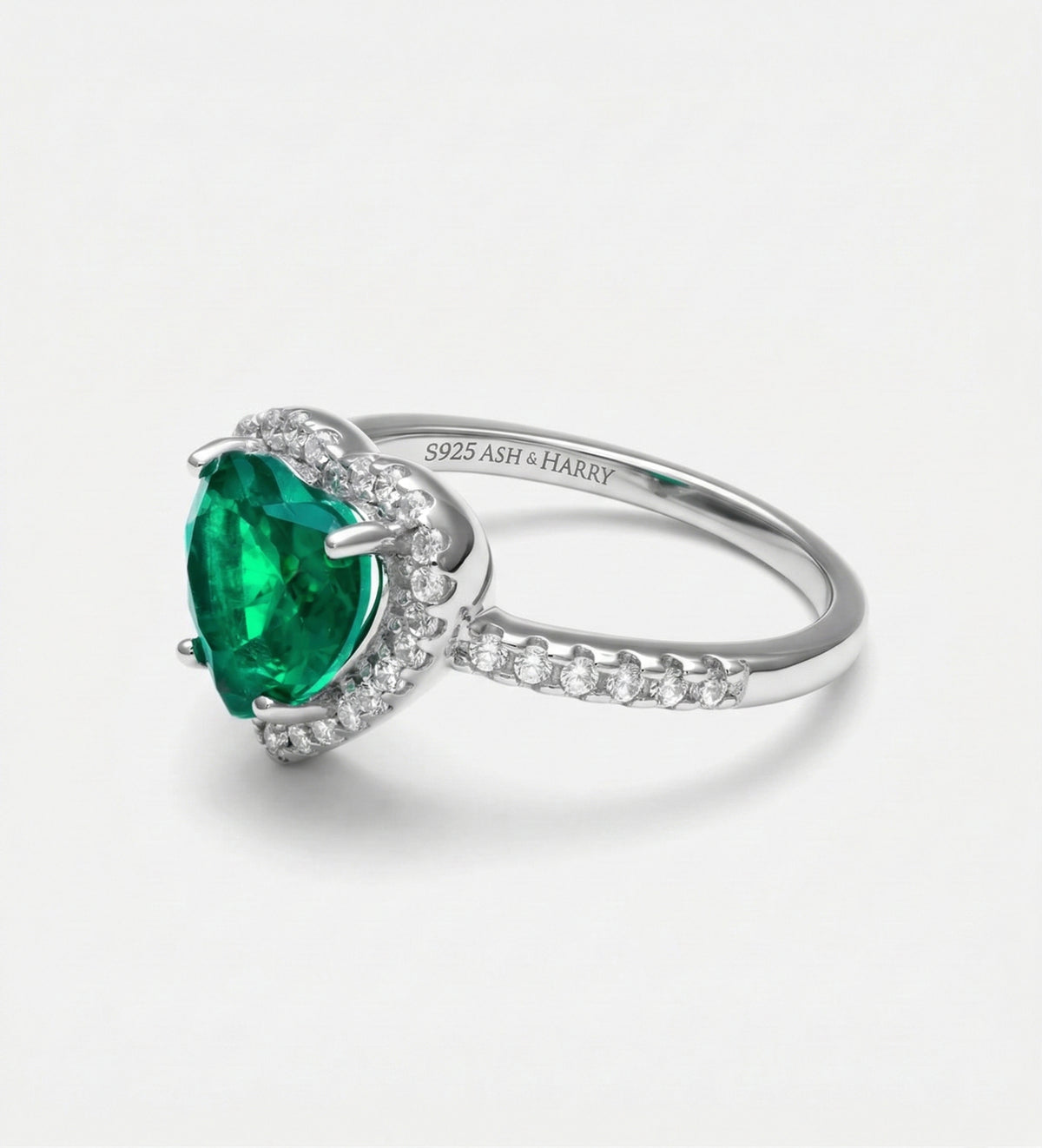 Emerald Heart Majesty Ring in 925 Silver High Quality Simulated Diamonds and Crafted Heart - Shaped Emerald Stone - Ash & Harry
