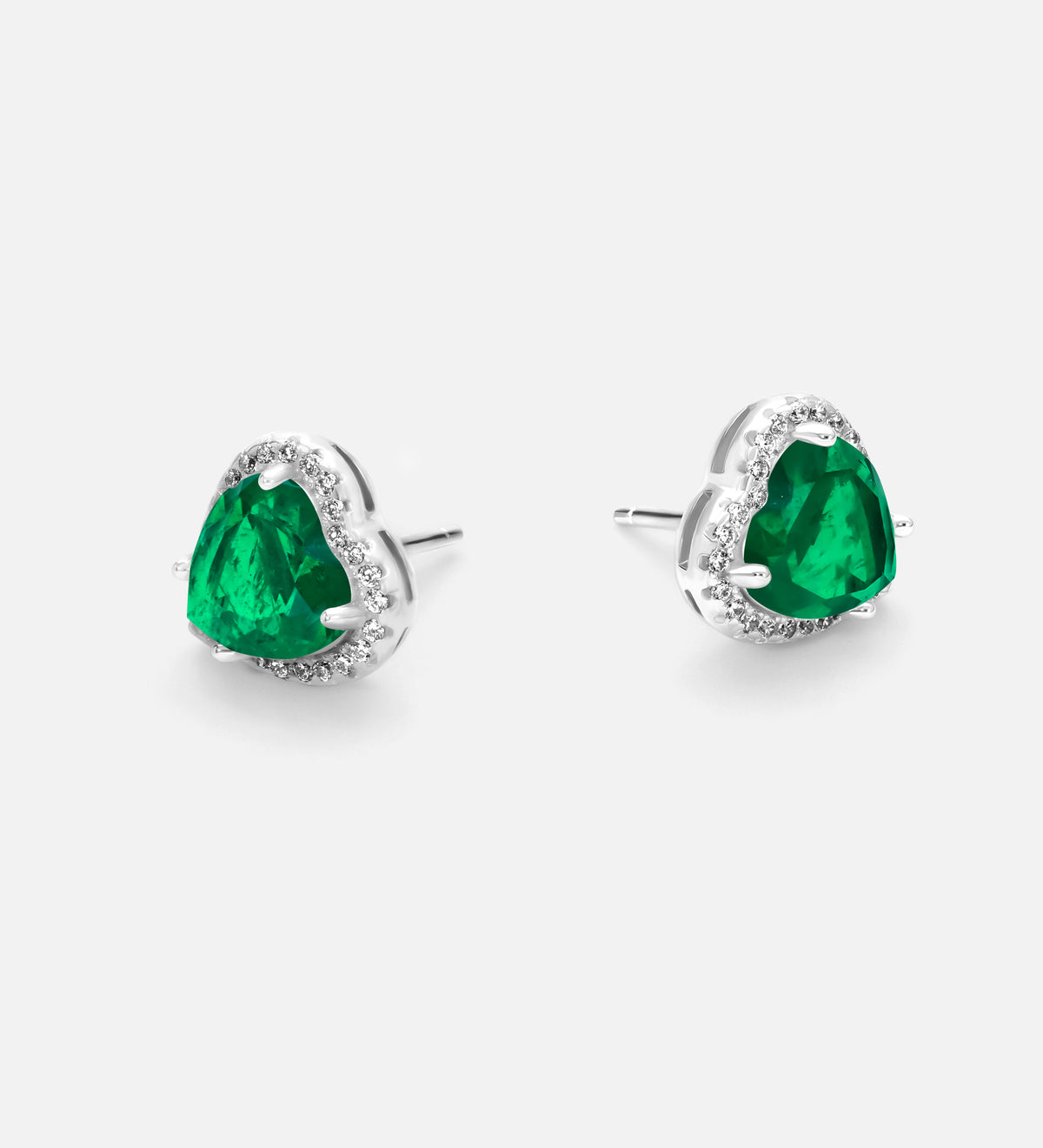 Emerald Heart Majesty Studs in 925 Silver High Quality Simulated Diamonds and Crafted Heart - Shaped Emerald Stones - Ash & Harry
