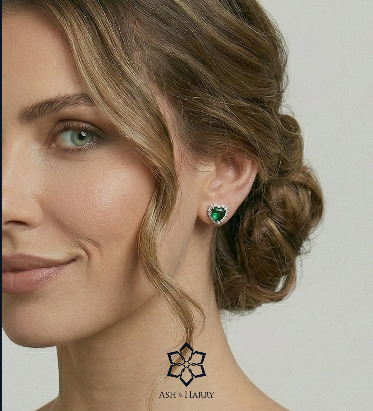 Emerald Heart Majesty Studs in 925 Silver High Quality Simulated Diamonds and Crafted Heart - Shaped Emerald Stones - Ash & Harry