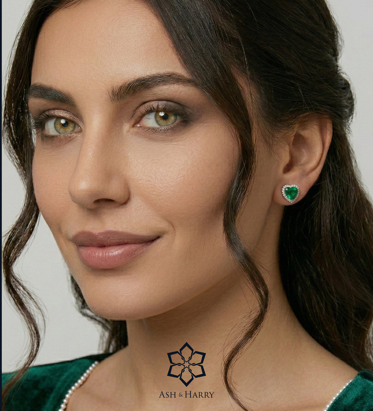 Emerald Heart Majesty Studs in 925 Silver High Quality Simulated Diamonds and Crafted Heart - Shaped Emerald Stones - Ash & Harry