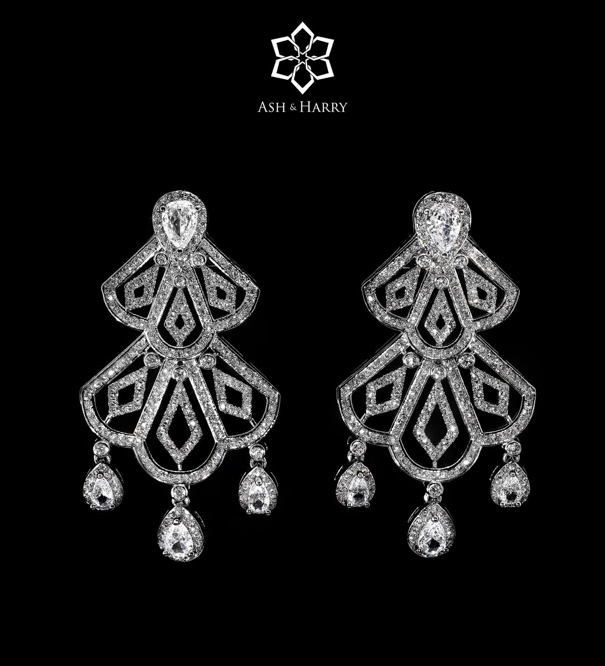 Frosted Lotus Regal Long Chain Set in High Quality Simulated Diamonds Rhodium Plated - Ash & Harry
