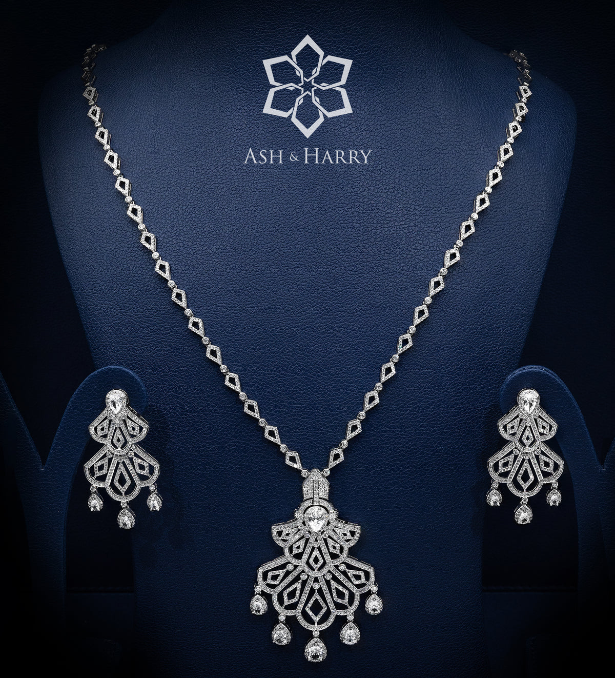 Frosted Lotus Regal Long Chain Set in High Quality Simulated Diamonds Rhodium Plated - Ash & Harry