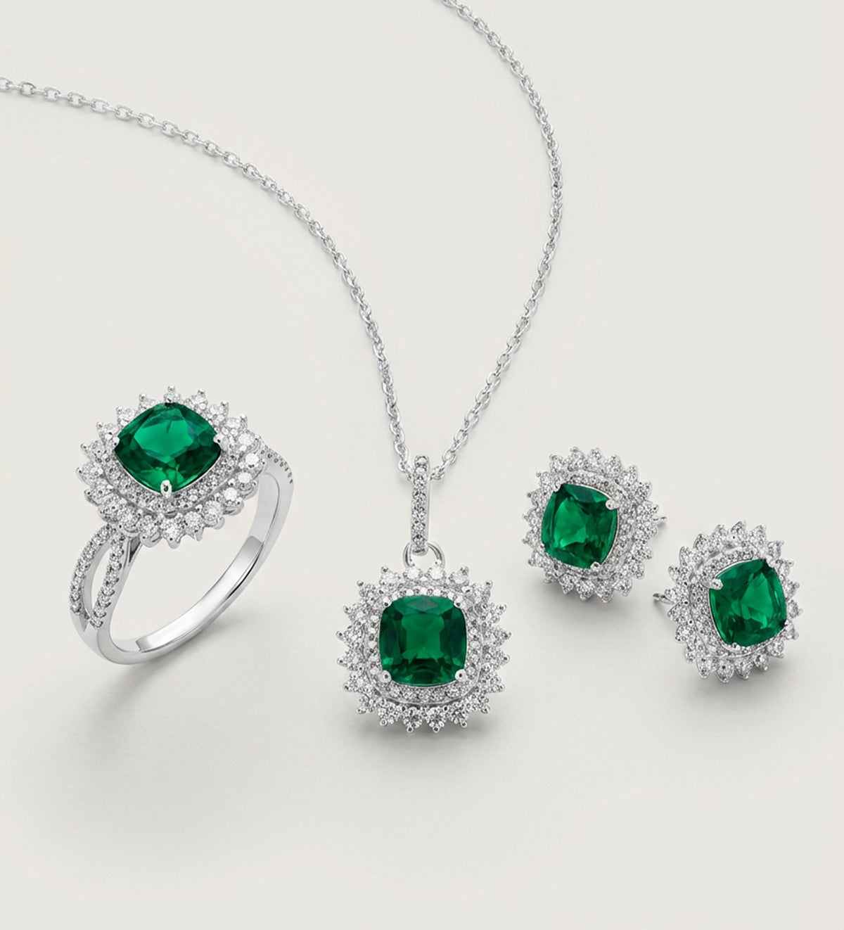Imperial Emerald Crown Full Set in 925 Silver High Quality Simulated Diamonds and Crafted Emerald Stones - 3 Items - Ash & Harry