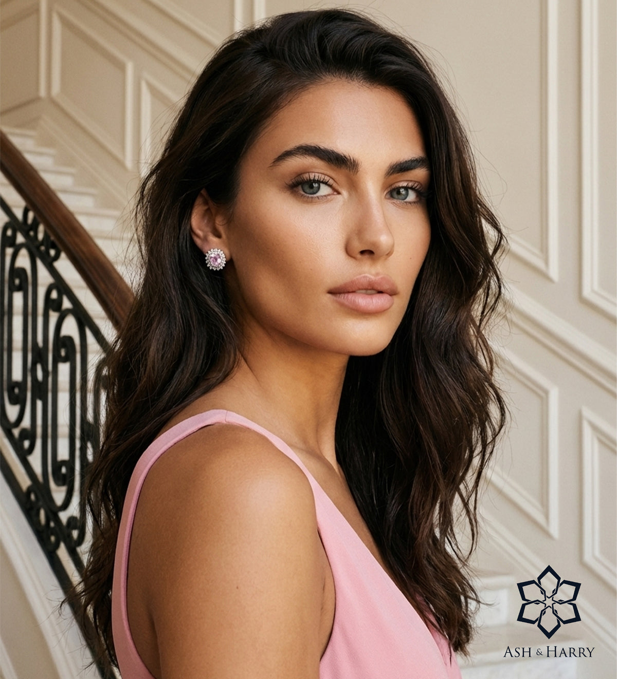 La Rosélle Crown Studs in 925 Silver with High Quality Simulated White and Pink Diamonds - Ash & Harry