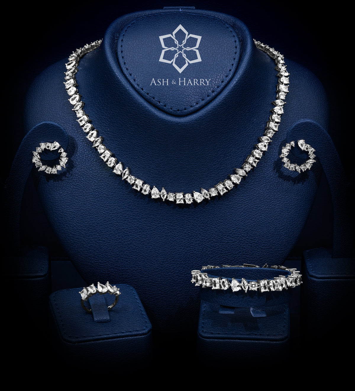 Laleh White Luxury Bridal Full Set with High Quality Simulated Stones Rhodium Plated - Ash & Harry