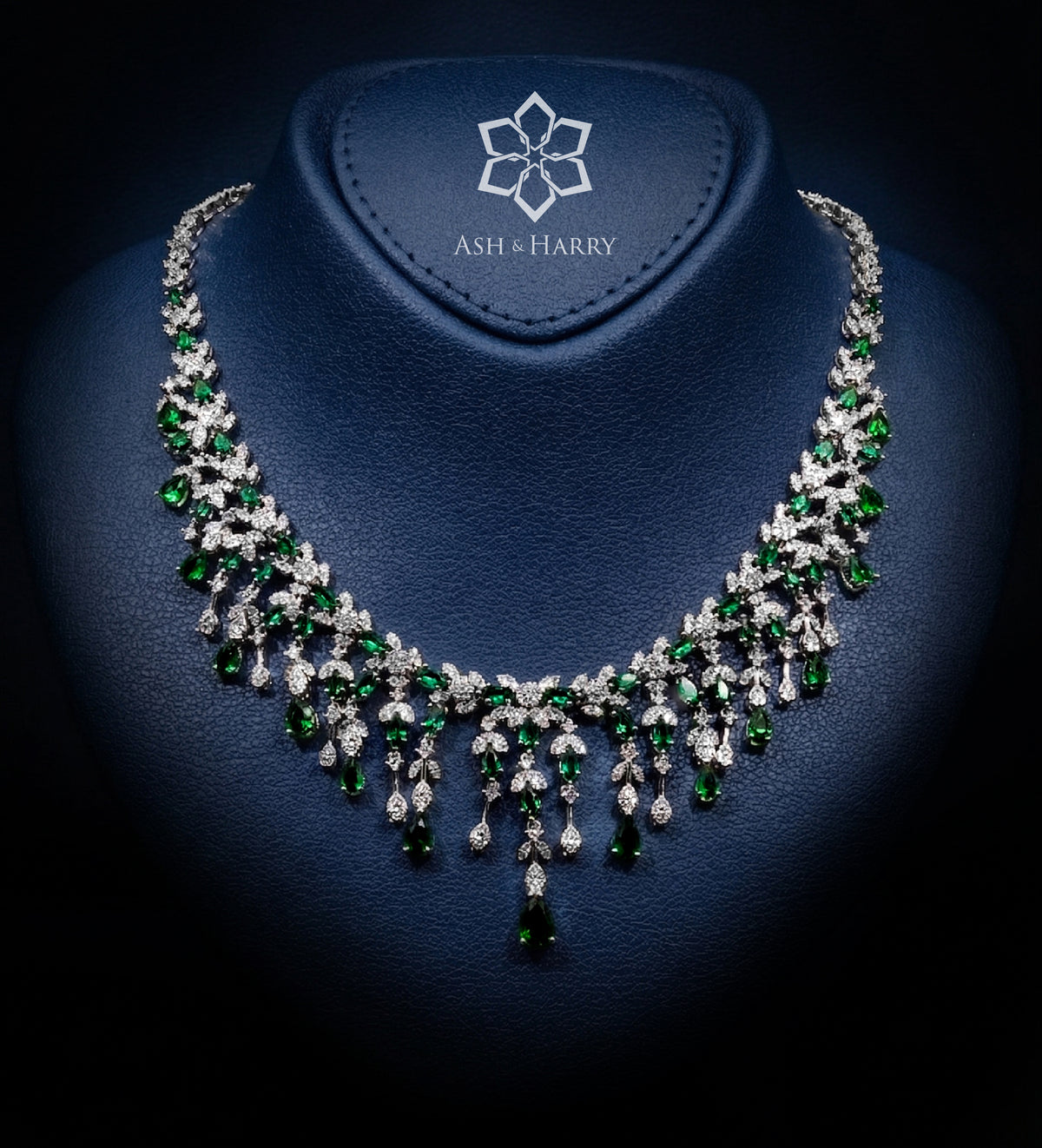Layla Emerald Green Luxury Bridal Full Set in High Quality Simulated Diamonds Rhodium Plated - Ash & Harry