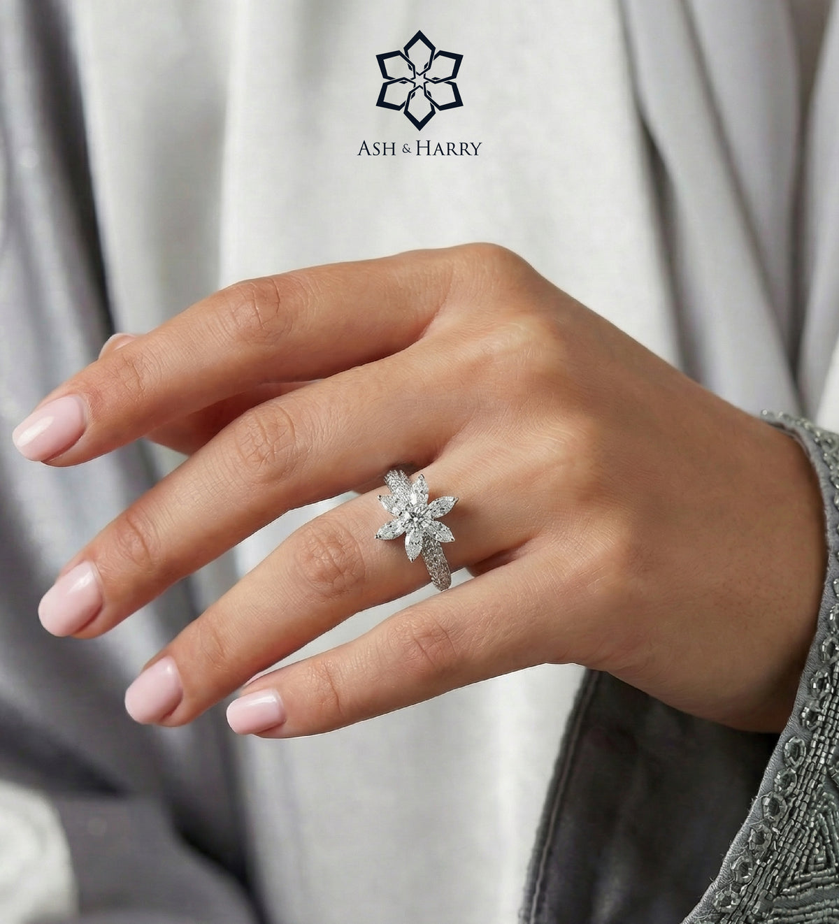 Lotus Cluster Ring in High Quality Certified Lab Crafted Stones In 925 Silver - Ash & Harry