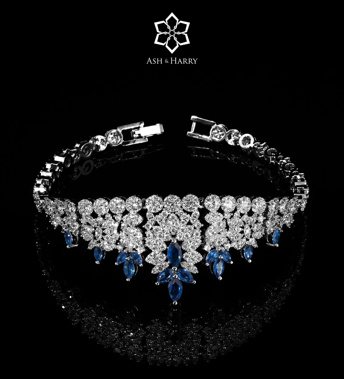 Mahra Royal Blue and White Bridal Full Set with Hand - Set Simulated Sapphires and Diamonds in Rhodium Plated Finish - Ash & Harry