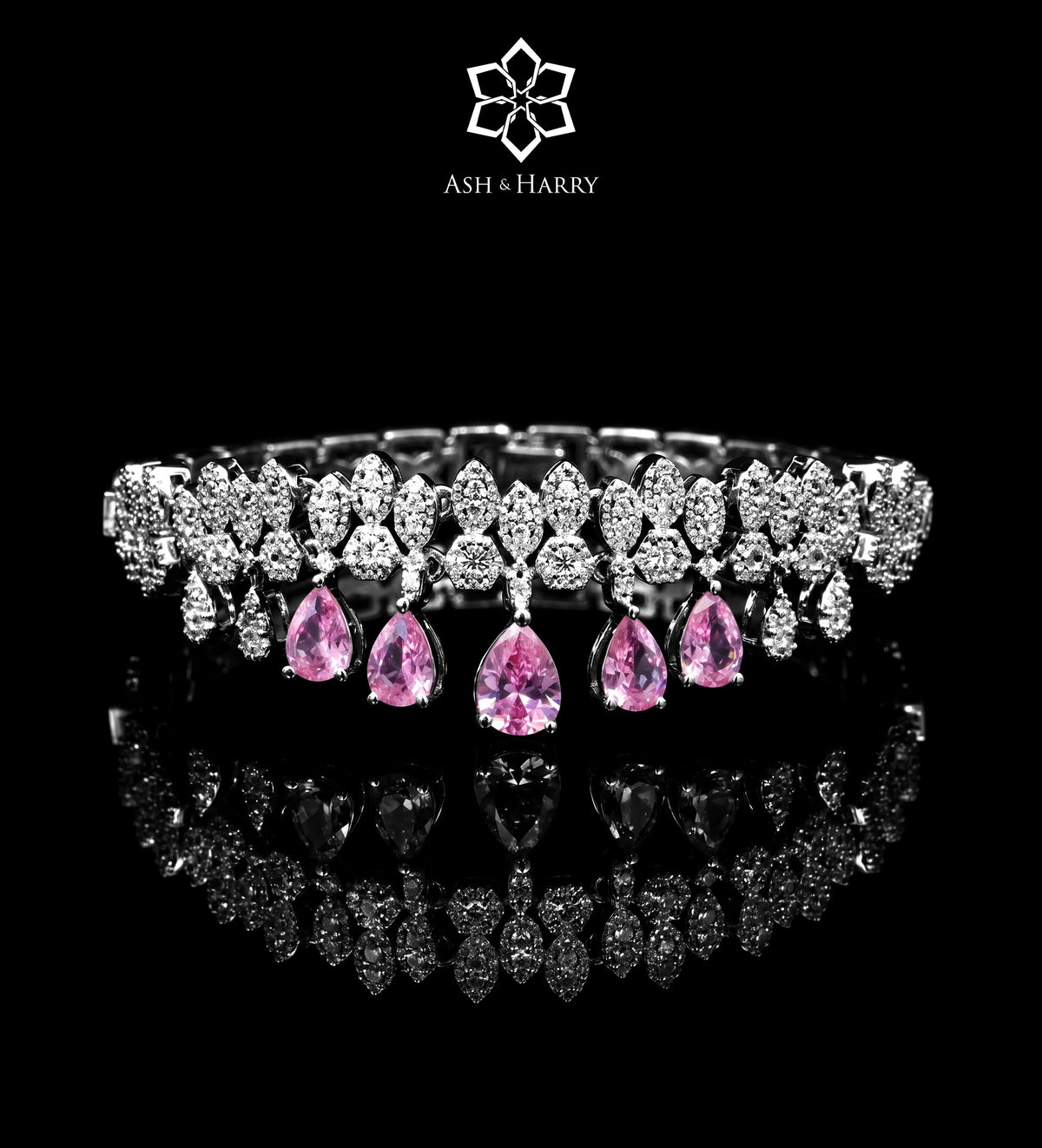Tuscany Royal Pink Bridal Full Set with Hand - Set Simulated Diamonds, Rhodium Plated - Ash & Harry