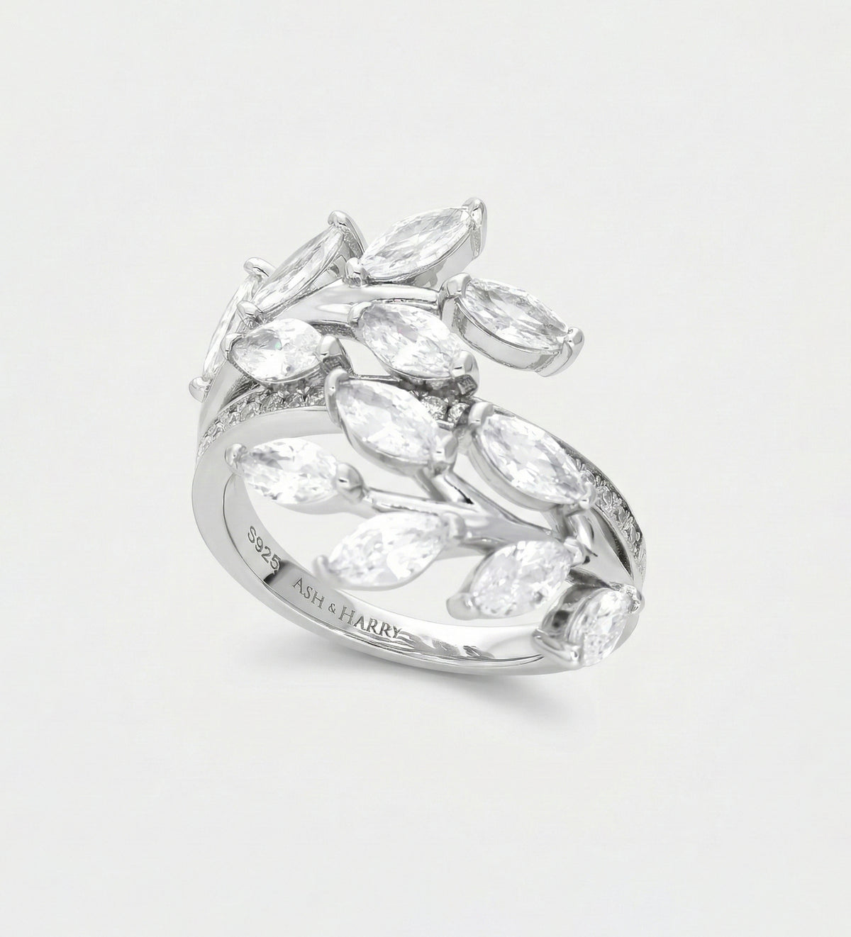 Marquise Laurel Wrap Ring in 925 Silver with High - Quality White Simulated Diamonds - Ash & Harry