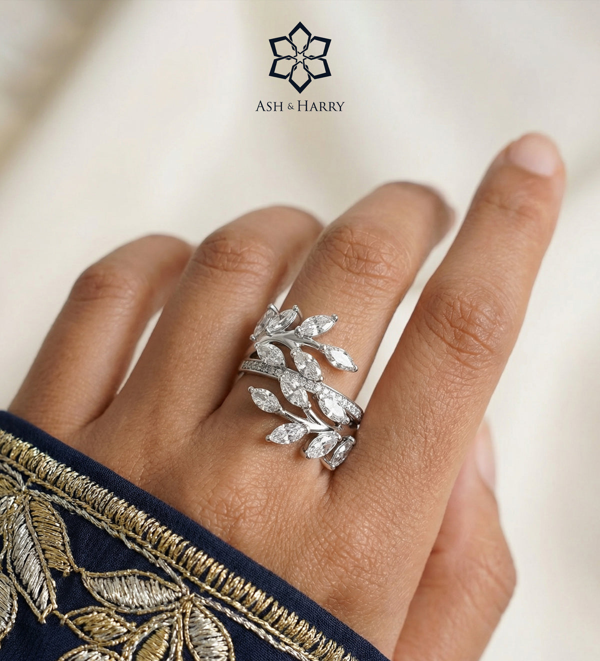 Marquise Laurel Wrap Ring in 925 Silver with High - Quality White Simulated Diamonds - Ash & Harry
