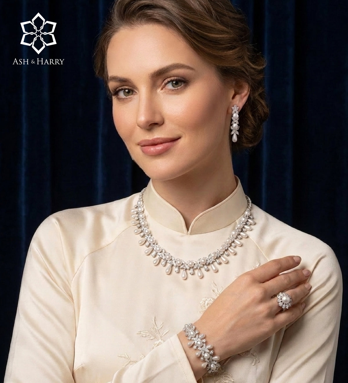 Parisa Pure White Pearl Luxury Bridal Full Set in High Quality Simulated Diamonds Rhodium Plated - Ash & Harry