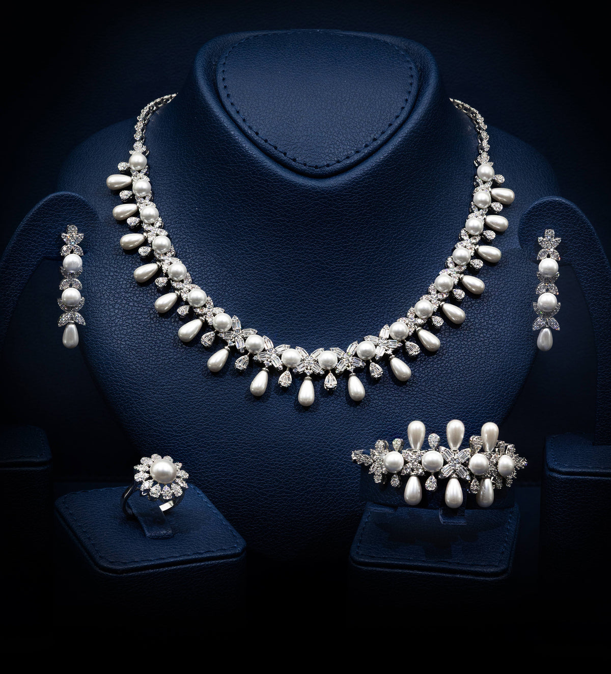 Parisa Pure White Pearl Luxury Bridal Full Set in High Quality Simulated Diamonds Rhodium Plated - Ash & Harry