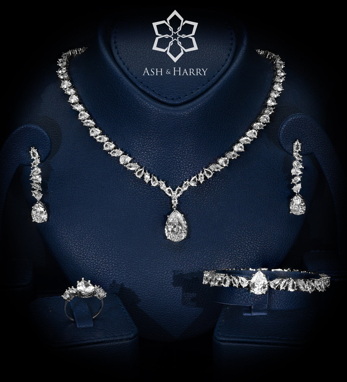Riviera Signature Pear - Drop Solitaire Bridal Set with Premium Simulated Diamonds in Mirror - Polished Rhodium - Ash & Harry