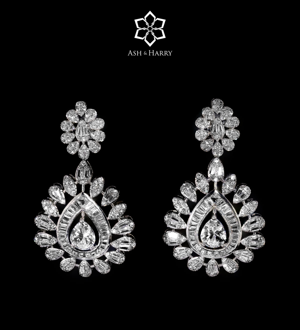 Royale Teardrop Long Chain Set in High Quality Simulated Diamonds Rhodium Plated - Ash & Harry