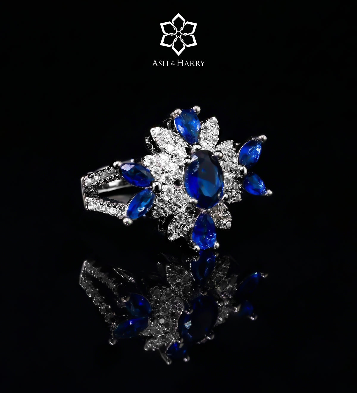 Seraphina Royal Blue Luxury Bridal Full Set with High Quality Simulated Diamonds Rhodium Plated - Ash & Harry