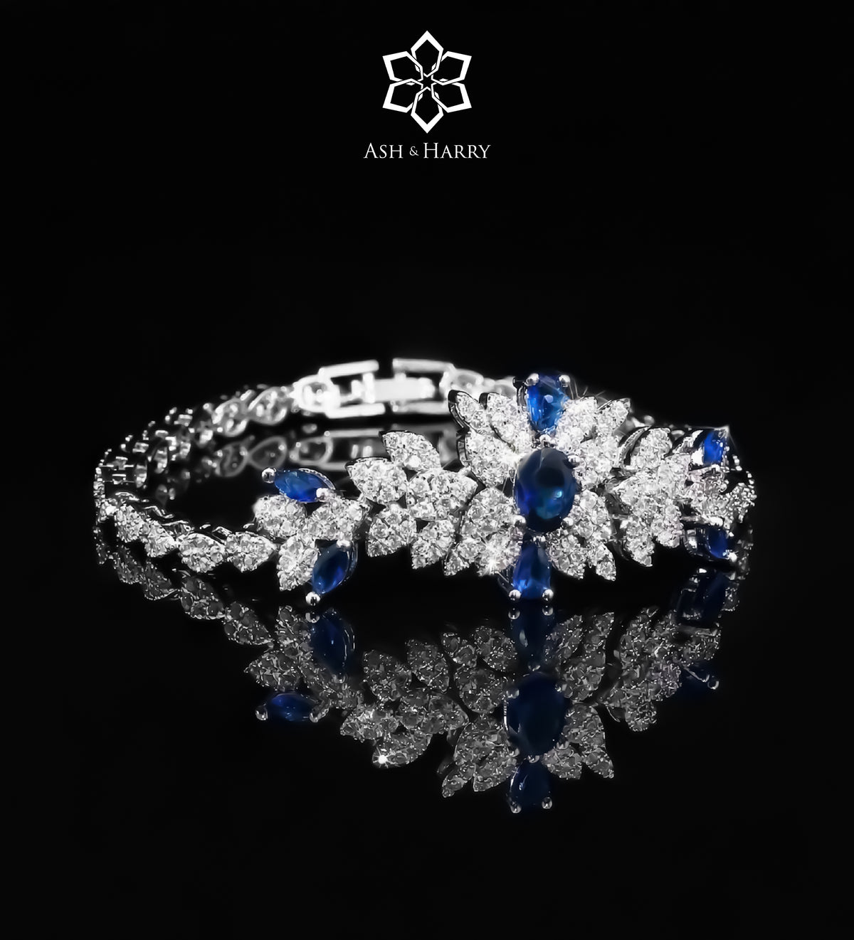 Seraphina Royal Blue Luxury Bridal Full Set with High Quality Simulated Diamonds Rhodium Plated - Ash & Harry
