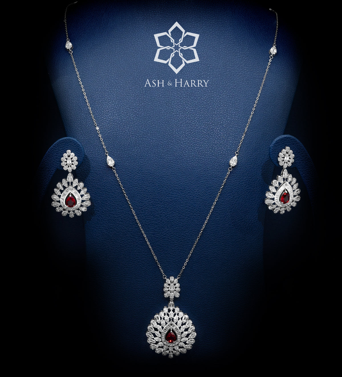 Shahnaz Mughal - Inspired Long Chain Ruby Pendant Set with Brilliant - Cut Simulated Diamonds, Rhodium Plated - Ash & Harry