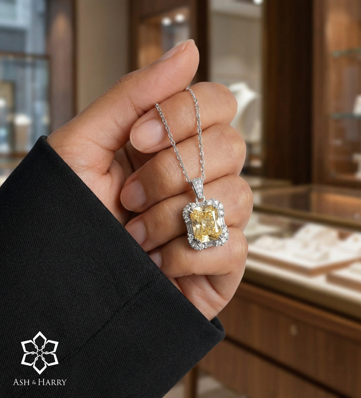 Sunset Halo Pendant in 925 Silver with High Quality Simulated White and Crafted Canary Diamonds - Ash & Harry