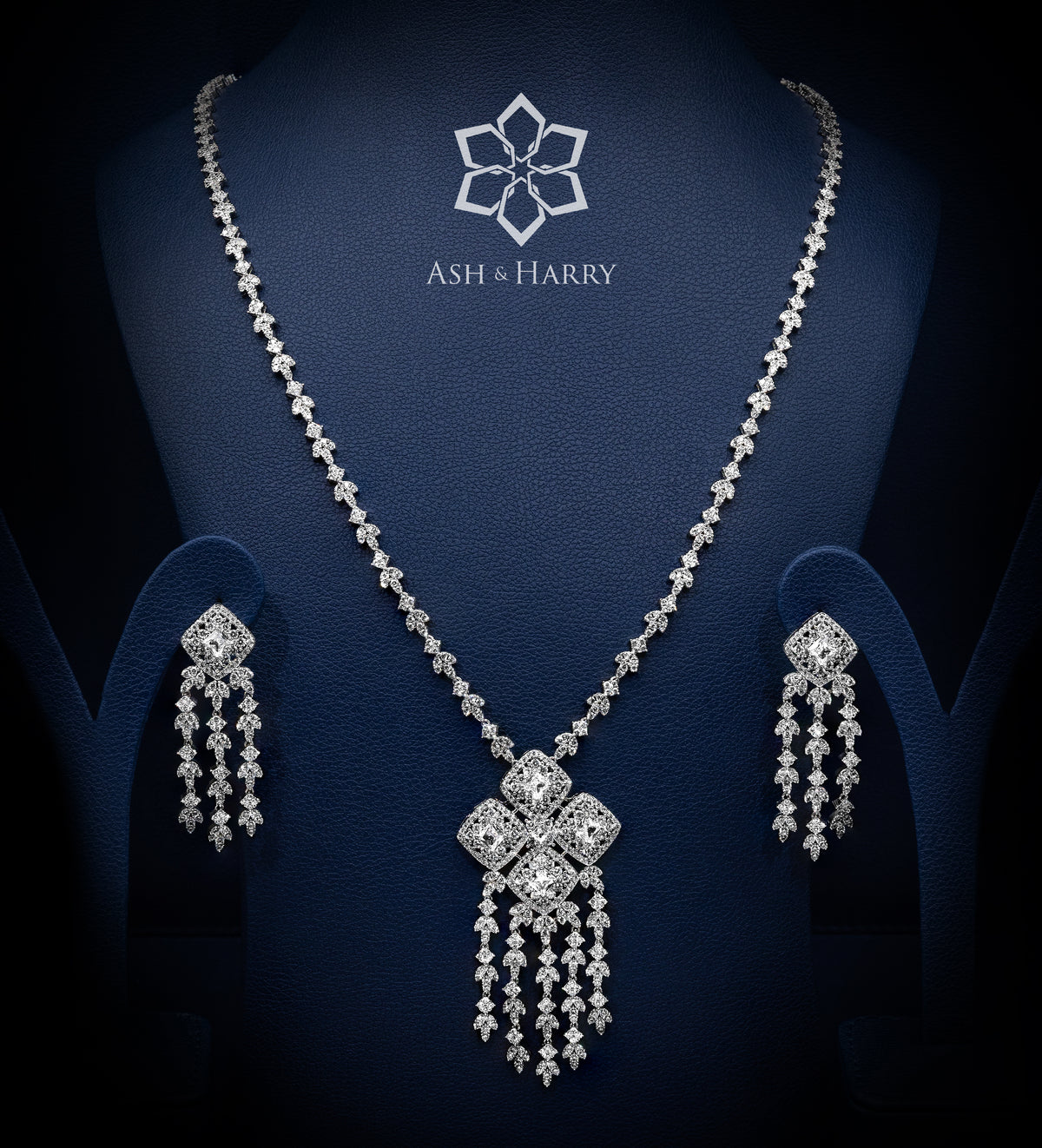 Tassel Line Long Chain Set in High Quality Simulated Diamonds Rhodium Plated - Ash & Harry