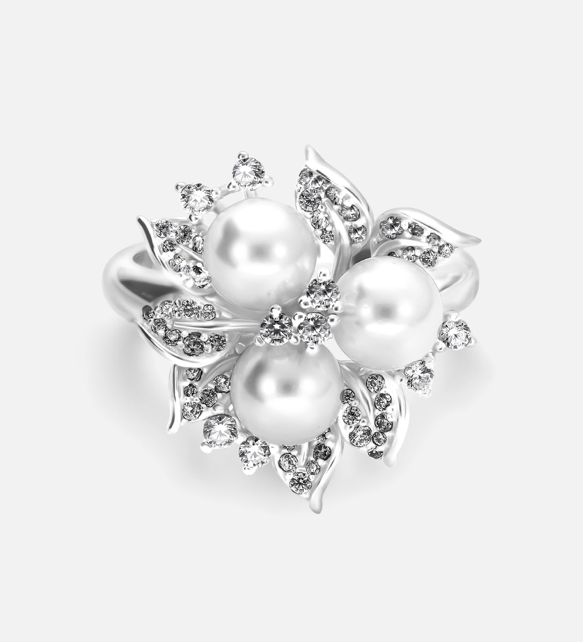 Trio Pearl Bloom Ring With Fresh Water Pearls and High Quality Simulated Diamonds in 925 Silver - Ash & Harry