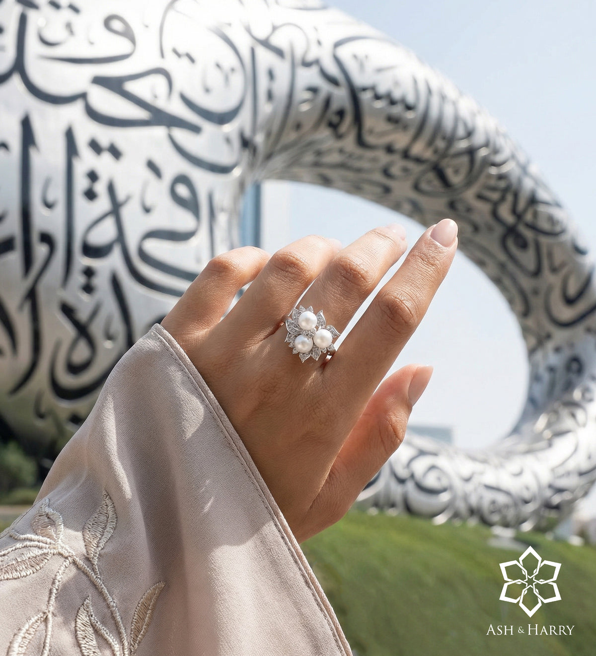 Trio Pearl Bloom Ring With Fresh Water Pearls and High Quality Simulated Diamonds in 925 Silver - Ash & Harry