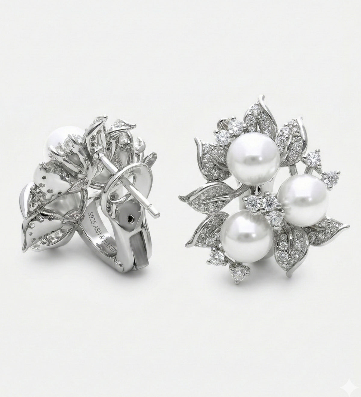 Trio Pearl Bloom Studs With Fresh Water Pearls and High Quality Simulated Diamonds in 925 Silver - Ash & Harry