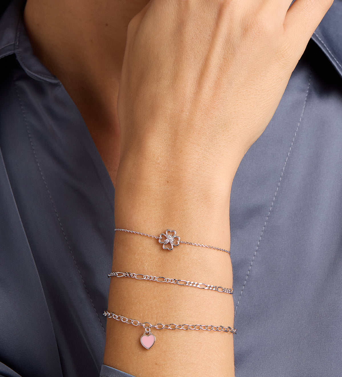 Pink Heart Chain Bracelet in Rhodium Plating on 925 Silver - Ash & Harry