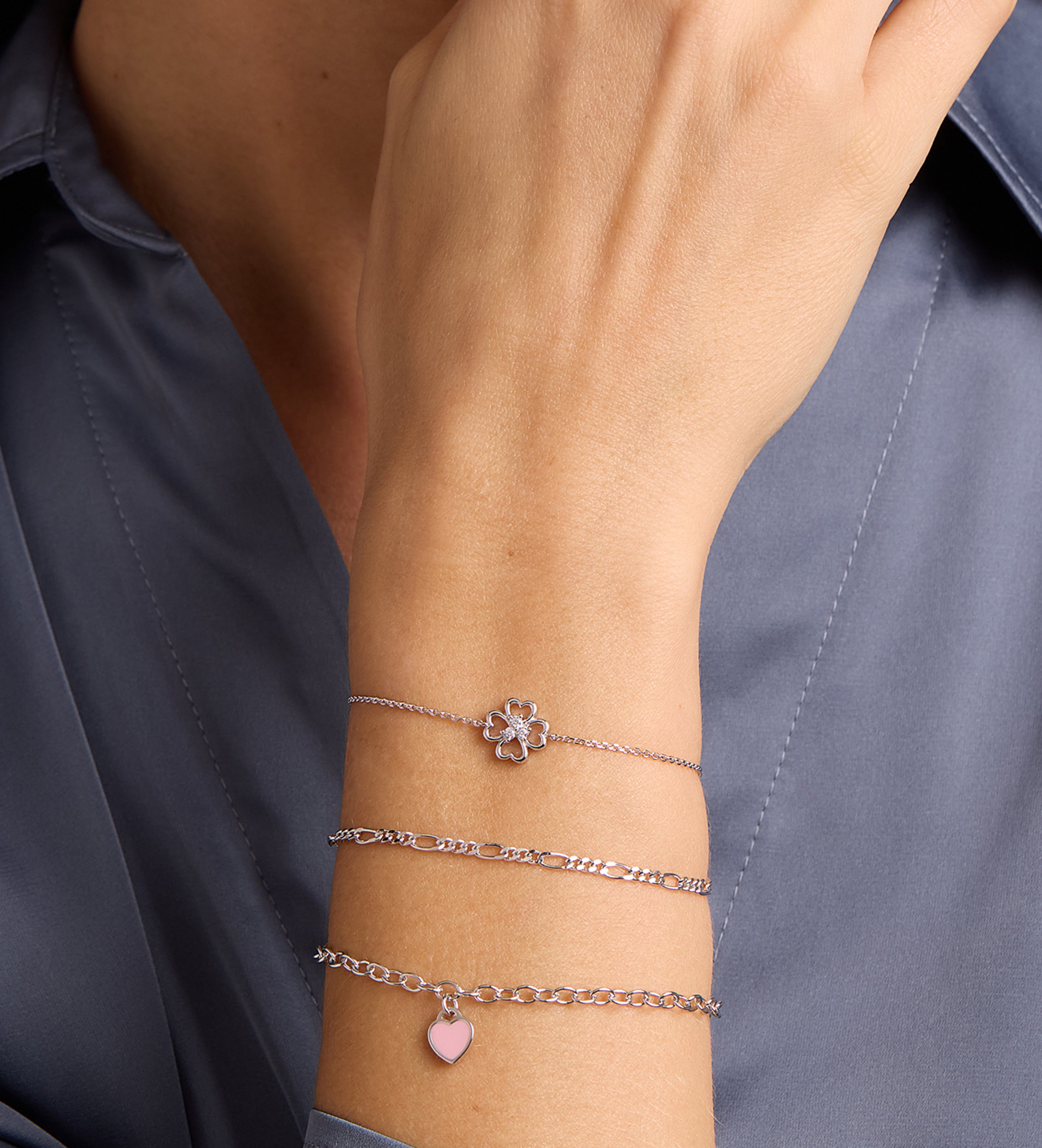 Pink Heart Chain Bracelet in Silver