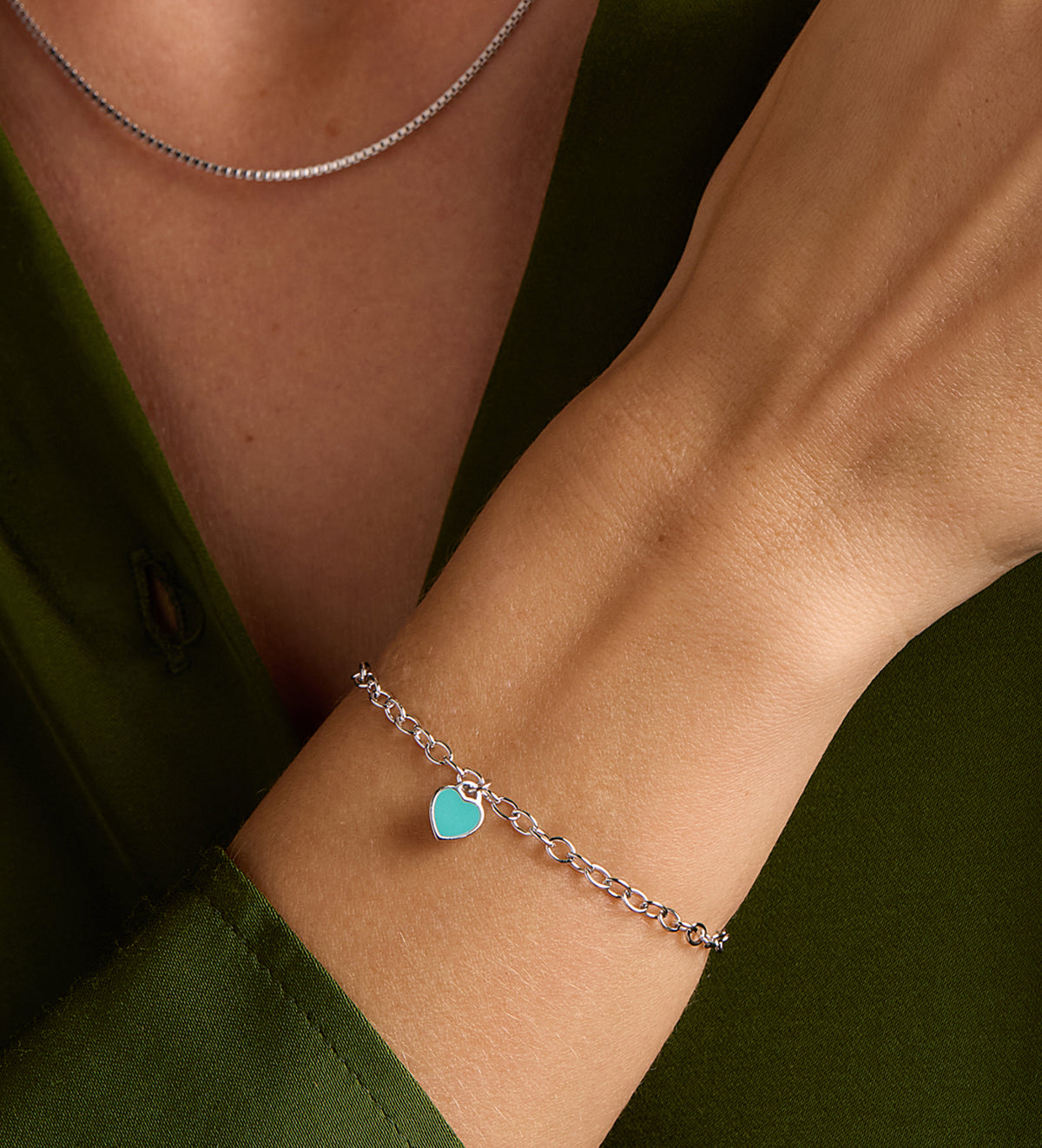 Turquoise Heart Chain Bracelet in Rhodium Plating on 925 Silver - Ash & Harry