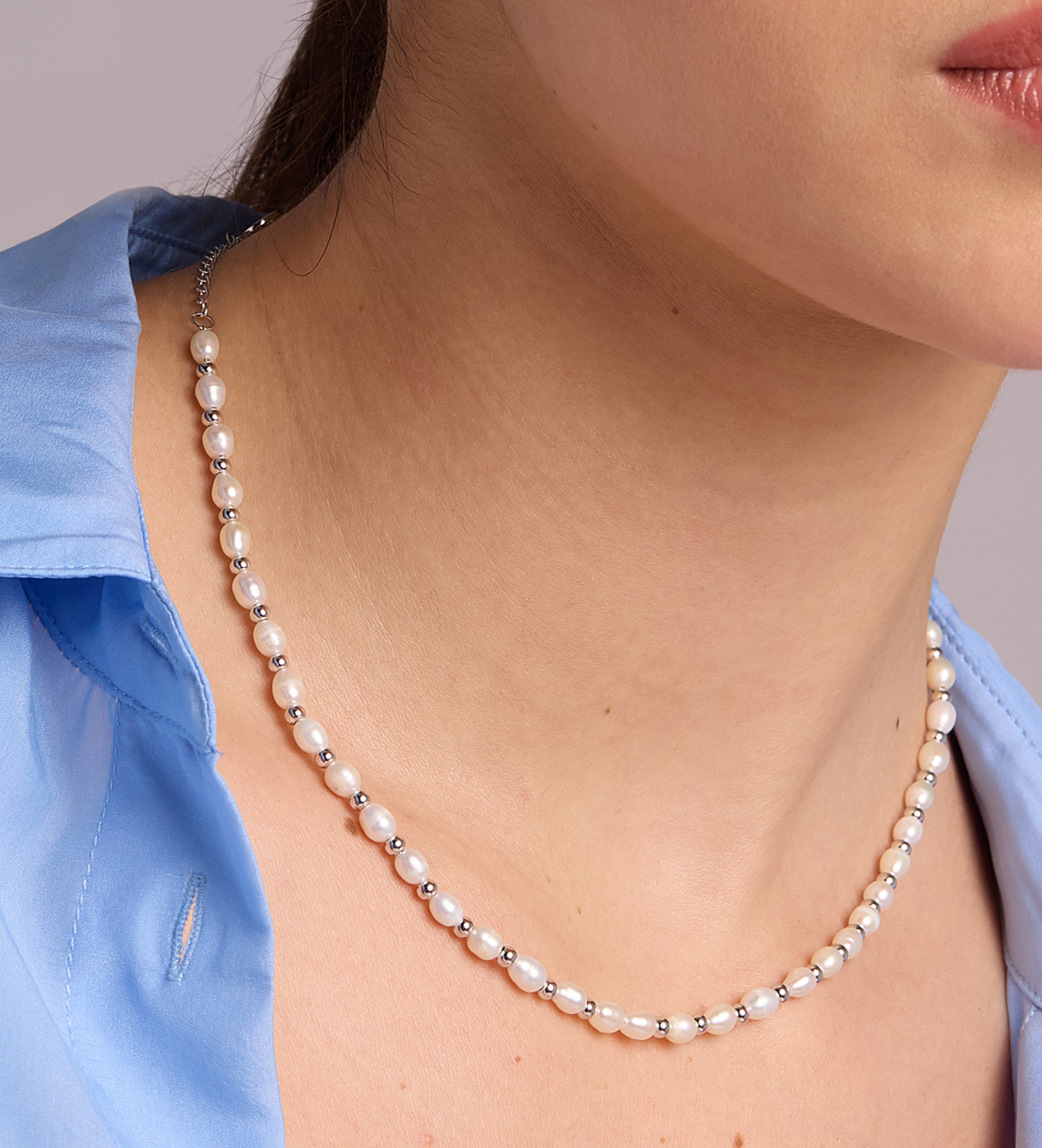 Pearl Beaded Necklace in Silver