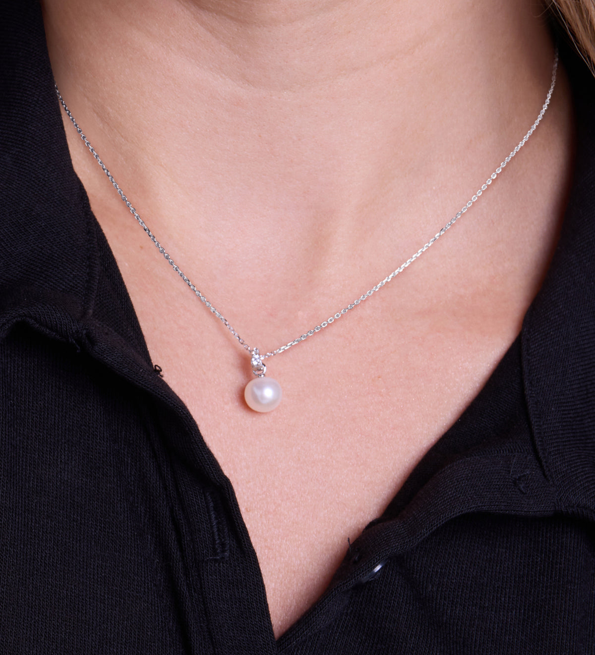 Pearl Pendant Necklace in Rhodium Plating on 925 Silver - Ash & Harry