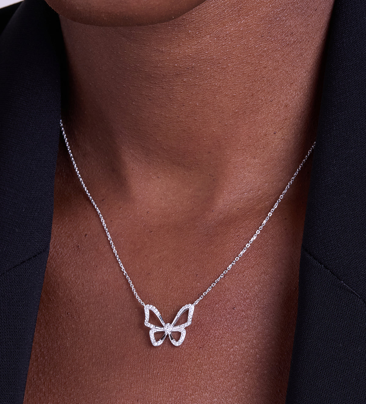 Pave Butterfly Silhouette Necklace in Rhodium Plating on 925 Silver - Ash & Harry
