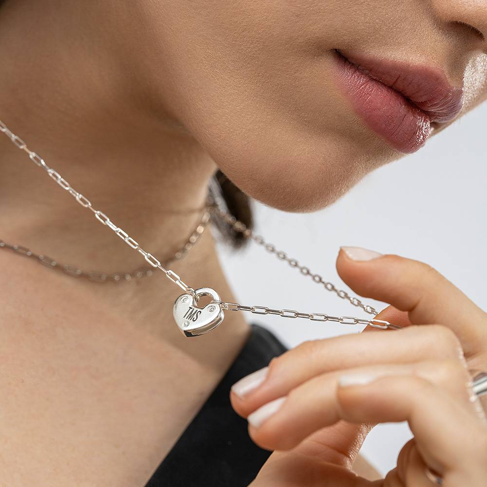 Heart Lock Necklace With Diamond - Sterling Silver