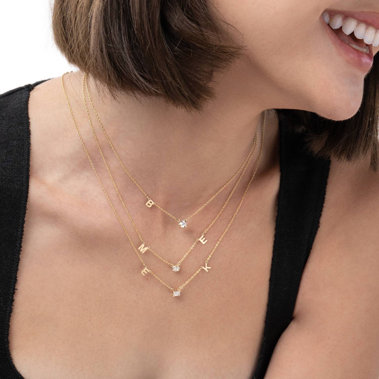 Initial Necklace With 0.3ct Emerald Cut Diamond - 14K Solid Gold