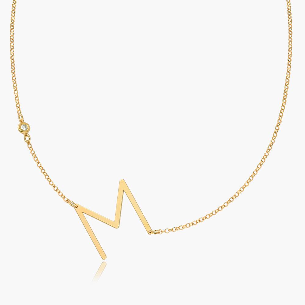 Large Initial Necklace With Diamond - 14K Solid Gold