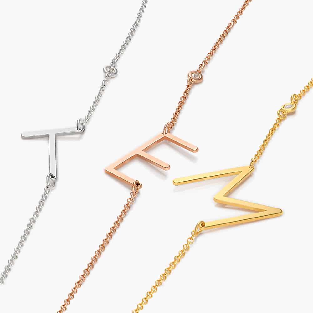 Large Initial Necklace With Diamond - 18K Rose Gold Vermeil