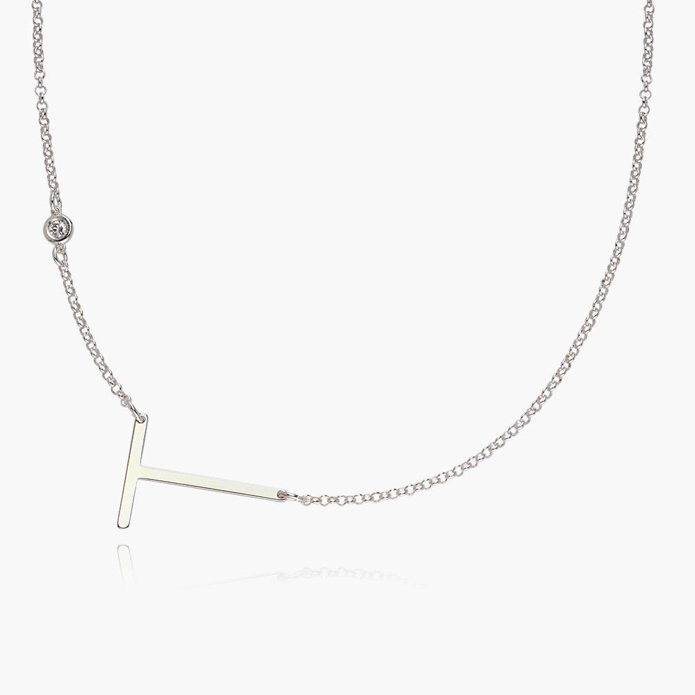 Large Initial Necklace With Diamond - Sterling Silver